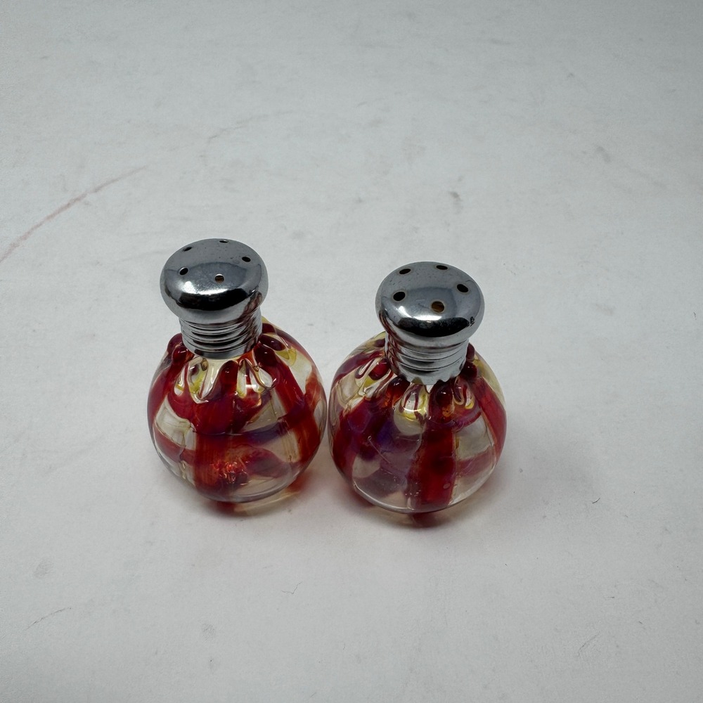 Art Glass Mini  Salt and Pepper Shakers Red Clear Swirl Preowned Round Globe